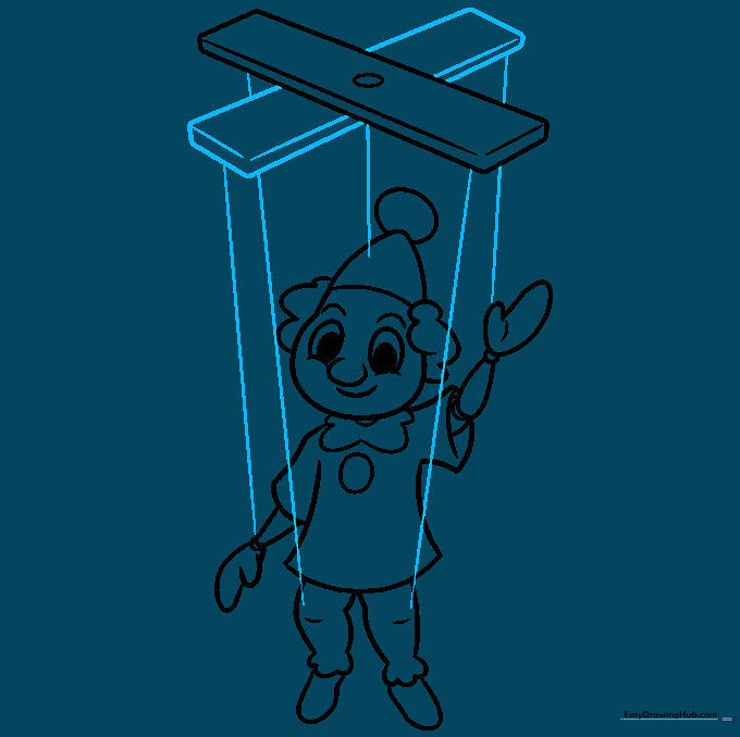 Drawing the crossbar and strings connecting to the puppet's limbs.