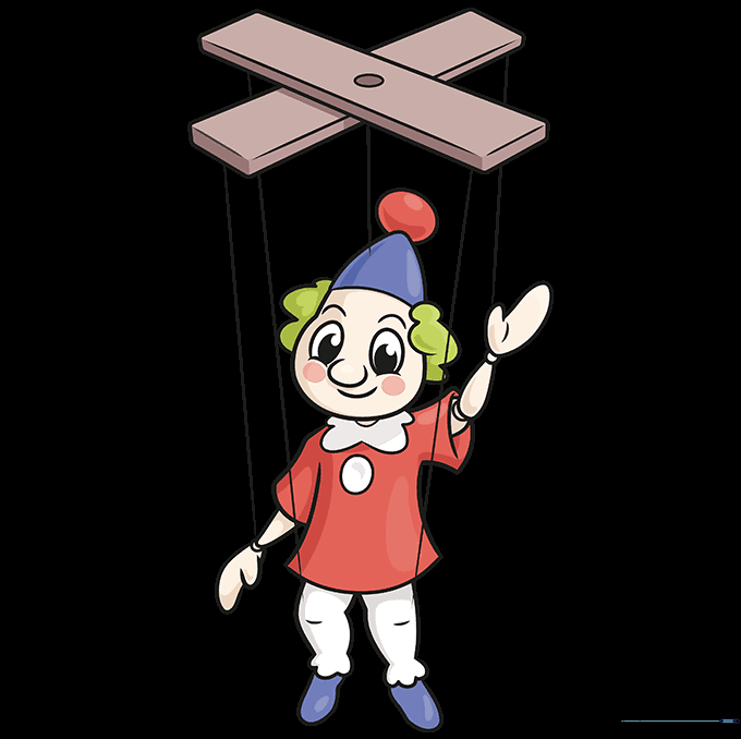 A fully colored, vibrant cartoon marionette puppet.