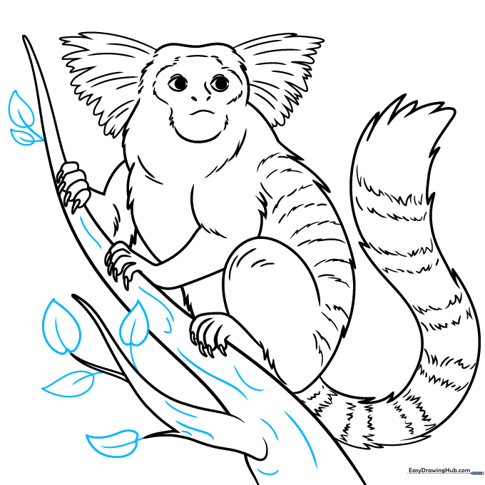 Final pencil sketch showing the marmoset with added tree bark texture and leaves.