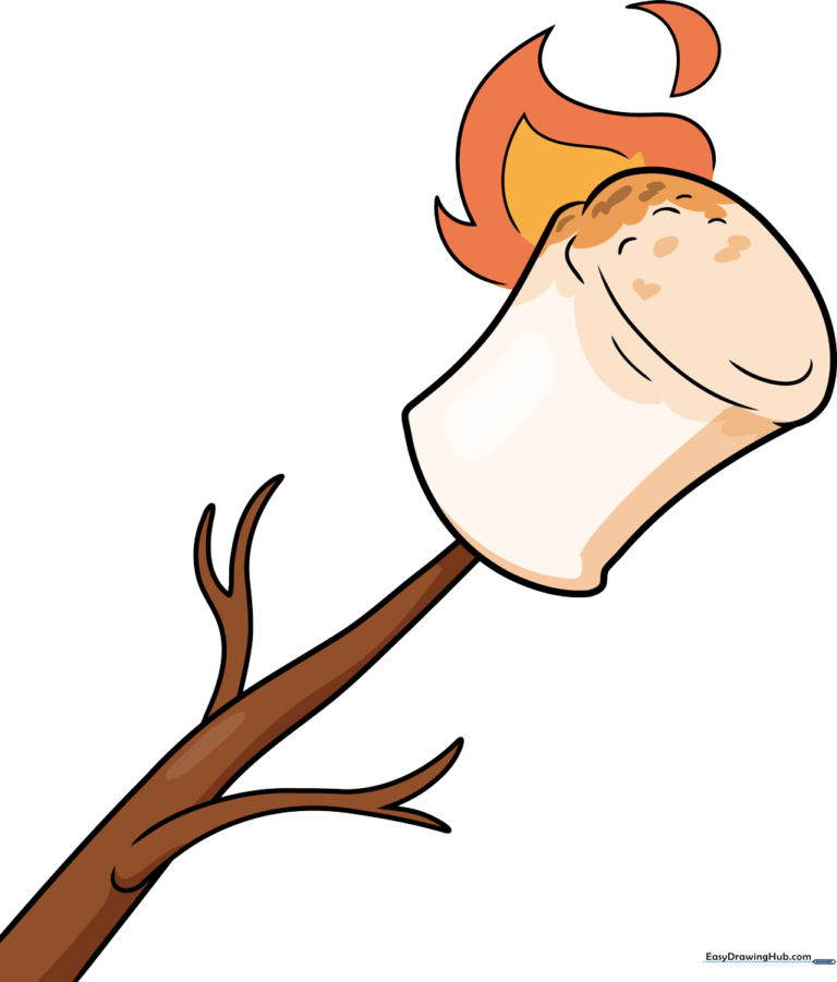 A finished, colorful drawing of a toasted marshmallow on a stick, ready for a campfire.