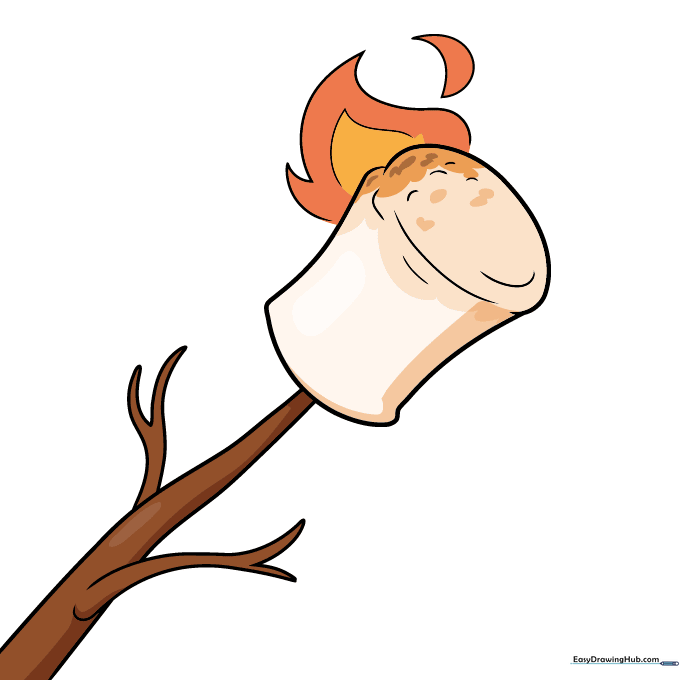 A fully colored, toasted marshmallow on a stick with flames.