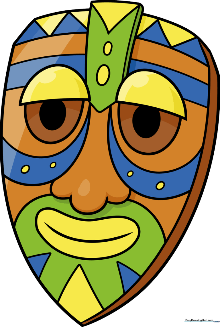 A colorful, finished tribal mask drawing displayed as a featured art project.