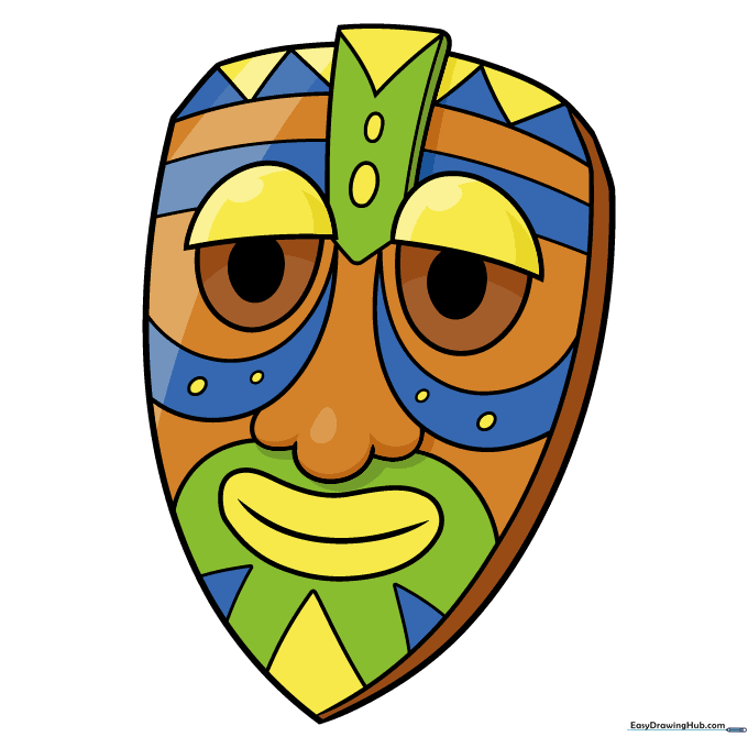 The completed mask drawing fully colored with earthy tones.