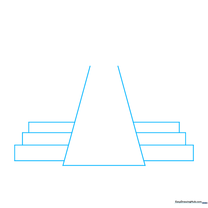 Pencil sketch showing the base of a Mayan temple using three stacked rectangles and guide lines.