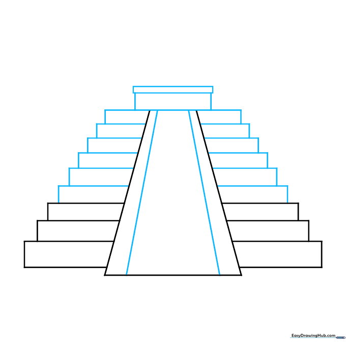Adding depth to the Mayan temple by sketching additional rectangular tiers and internal diagonal lines.