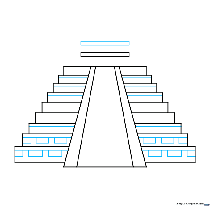 Detailed view of the Mayan temple showing horizontal lines and small rectangles representing stone masonry.