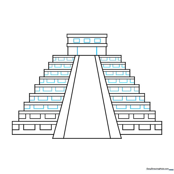 Close-up of the temple entrance and stone detailing on the upper tiers.