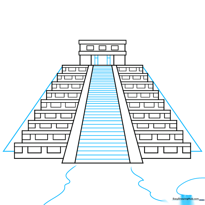 Adding L-shaped side structures and ground details like puddles to the Mayan temple base.
