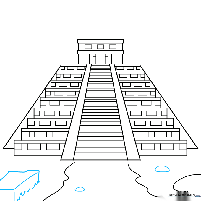 Drawing the surrounding landscape, including tree shapes and ground lines.