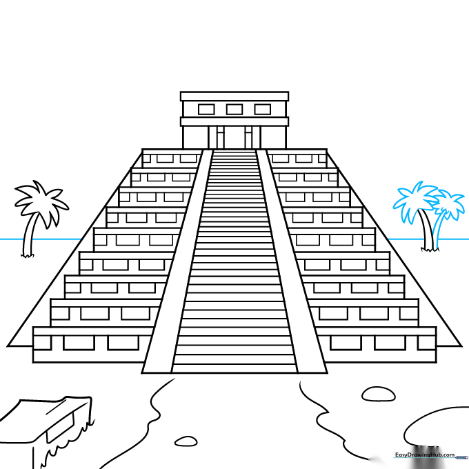 Completing the background trees and horizon line to frame the Mayan temple.