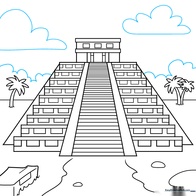 Final line art of the Mayan temple with added clouds and background details.