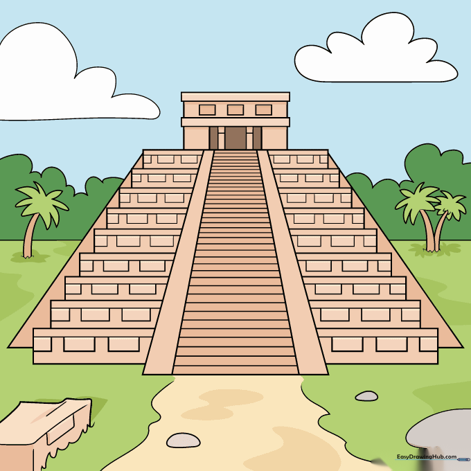 Finished, colored illustration of the Mayan temple with natural earth tones and a blue sky.