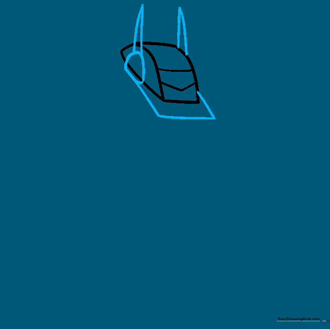 Detailed sketch of a robot head with triangular horns and a geometric faceplate.