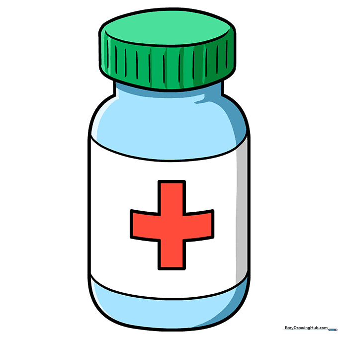 A fully colored medicine bottle illustration with a blue body, green cap, and red cross.