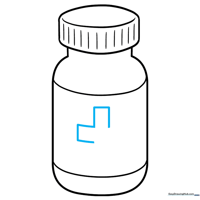 An L-shaped outline drawn on the label of the medicine bottle.