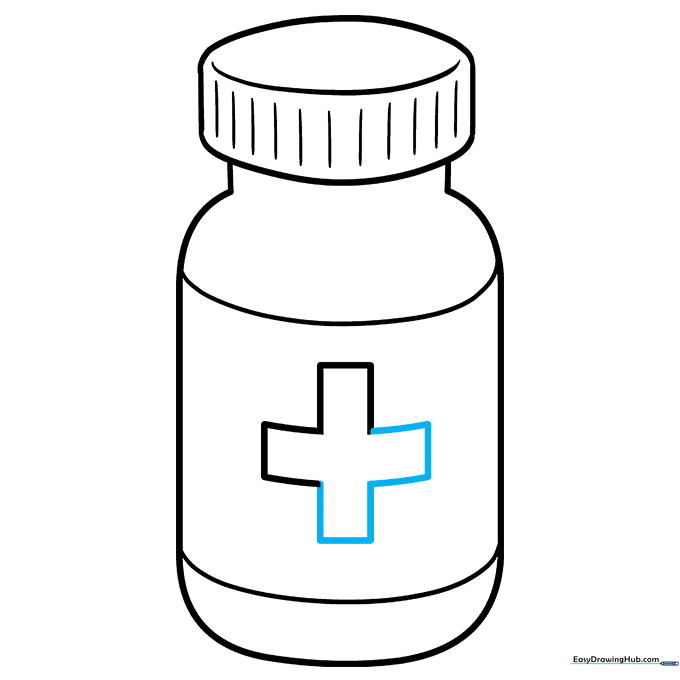 The completed cross symbol drawn on the medicine bottle label.
