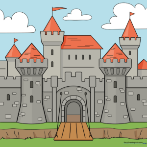 A vibrant, finished illustration of a medieval castle with towers and a drawbridge.
