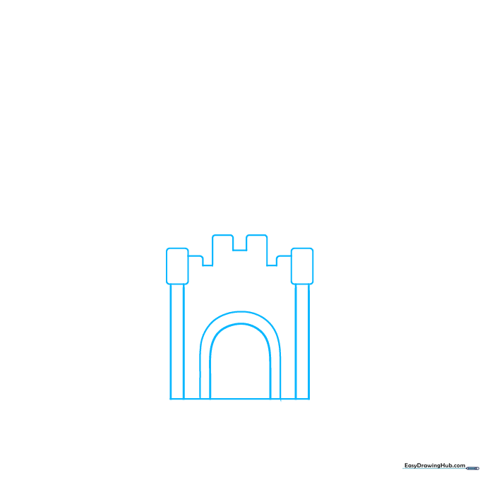 Pencil sketch showing the base of a castle gate with two arched entryways.
