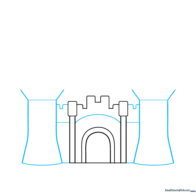 Drawing the side towers of the castle using trapezoid shapes.