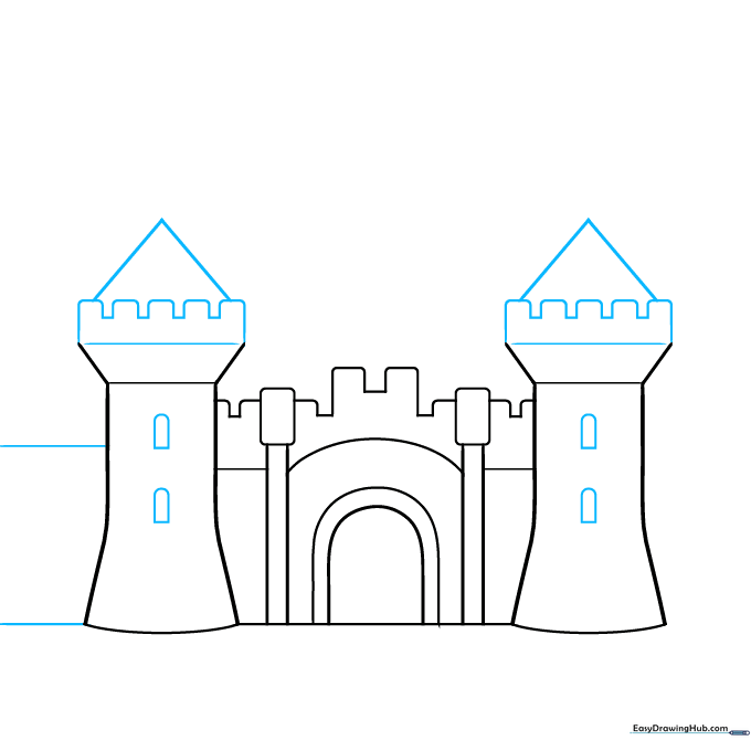 Adding triangular roofs and arched windows to the castle towers.