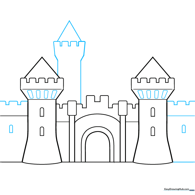 Detailing the castle walls with battlements and windows.