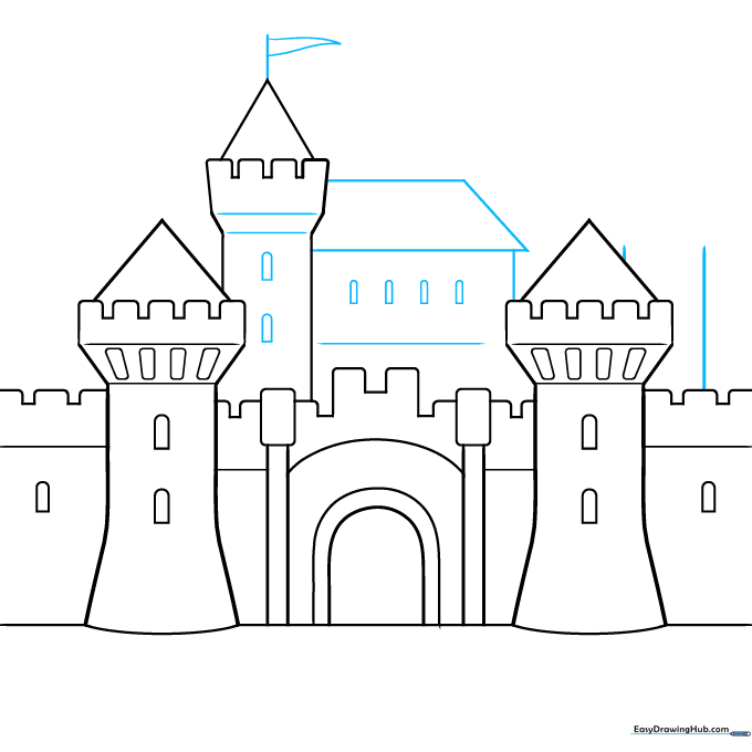 Sketching the central castle keep with a flag on top.