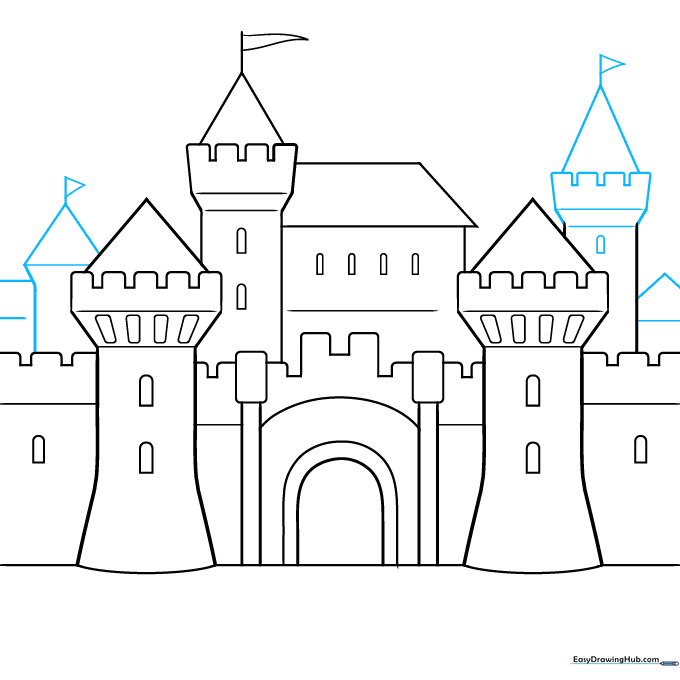 Adding background towers to create depth in the castle drawing.