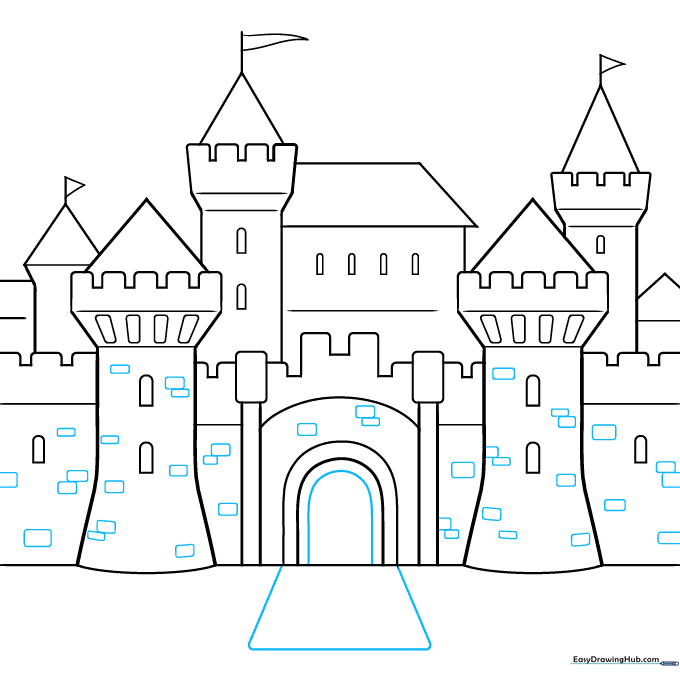 Drawing the drawbridge and adding stone texture to the castle walls.