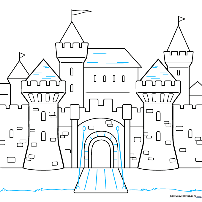 Adding texture to the roof and drawing grass at the base of the castle.