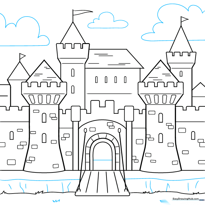 Finalizing the drawing by adding a moat and clouds in the sky.