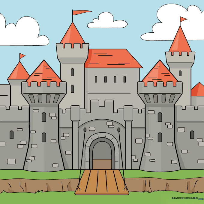 A fully colored, finished medieval castle drawing.