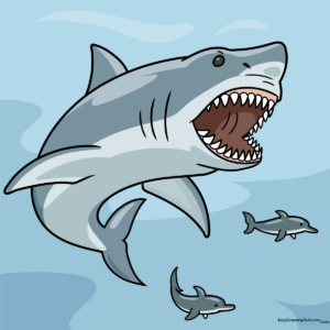 Colorful illustration of a friendly cartoon Megalodon shark swimming in the ocean.