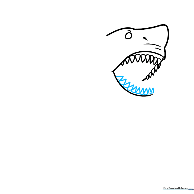 Adding the bottom row of triangular teeth to complete the shark's jaw.