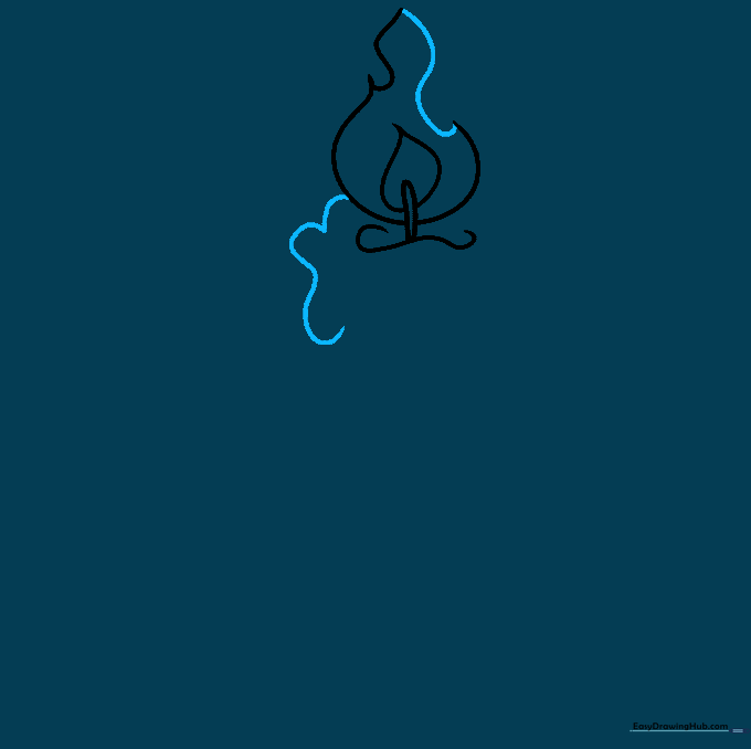 Drawing showing the completed flame and the start of lumpy wax drips on one side.