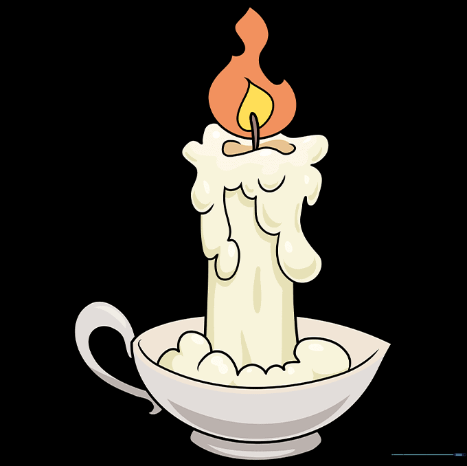 A fully colored, vibrant drawing of a melting candle in a holder.