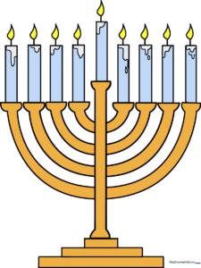 Colorful illustration of a traditional menorah with lit candles.
