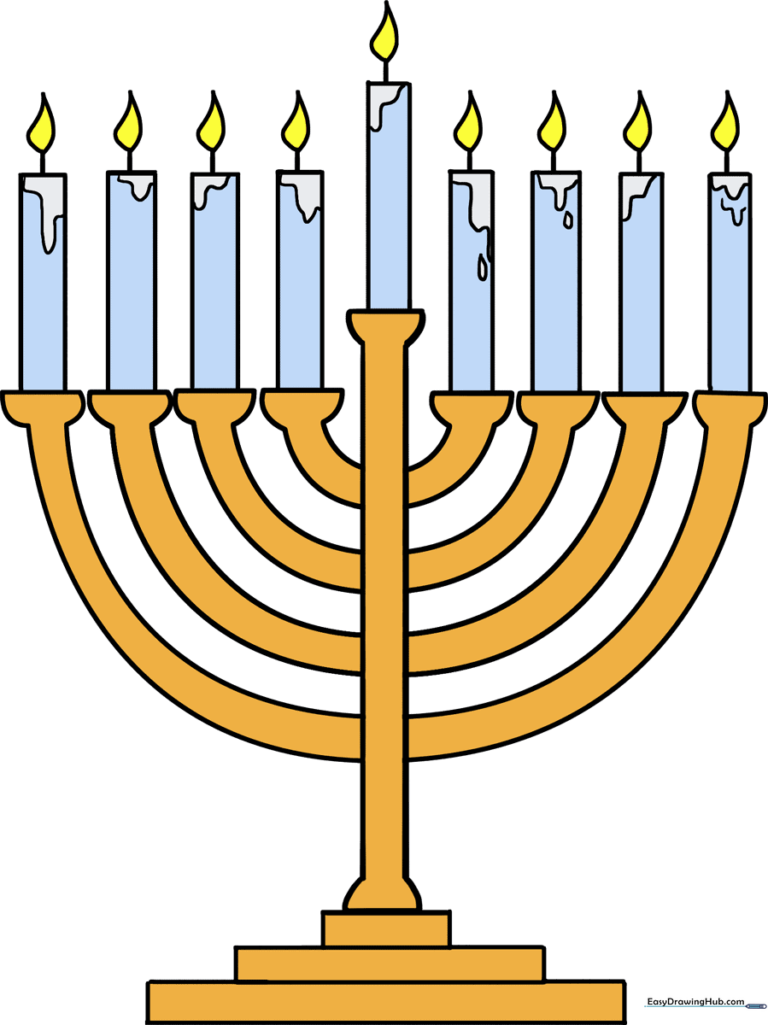 Colorful illustration of a traditional menorah with lit candles.