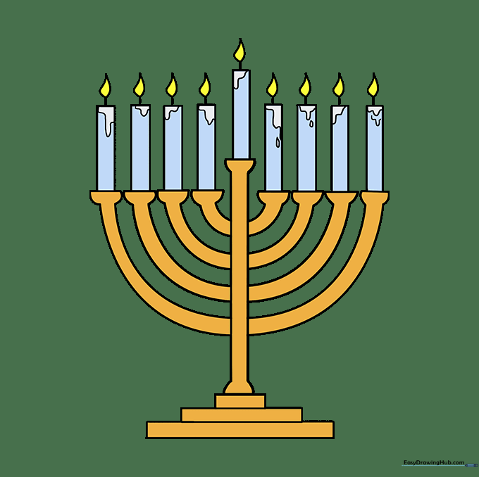 A fully colored menorah drawing with golden base and bright flames.
