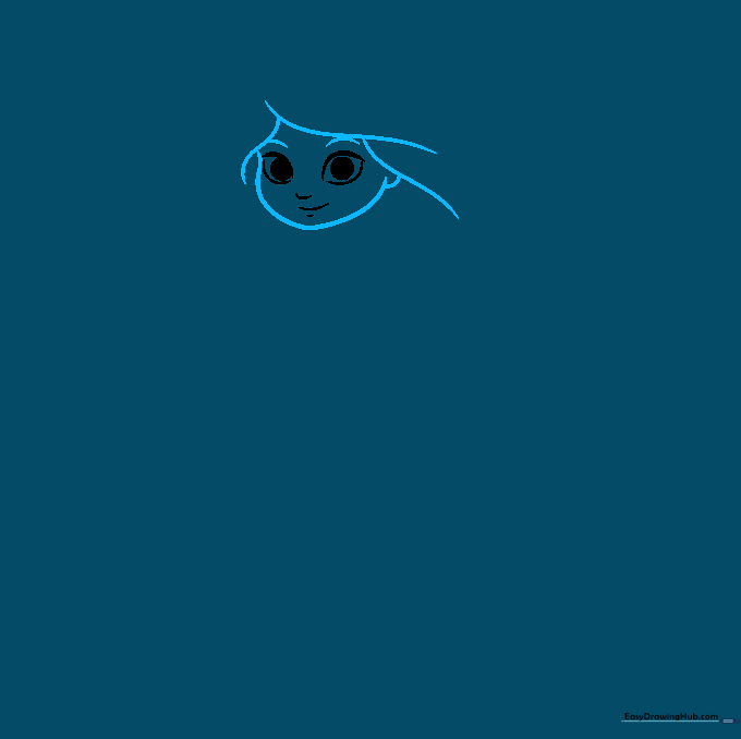 Drawing the outline of a mermaid's face, ears, and eyebrows.