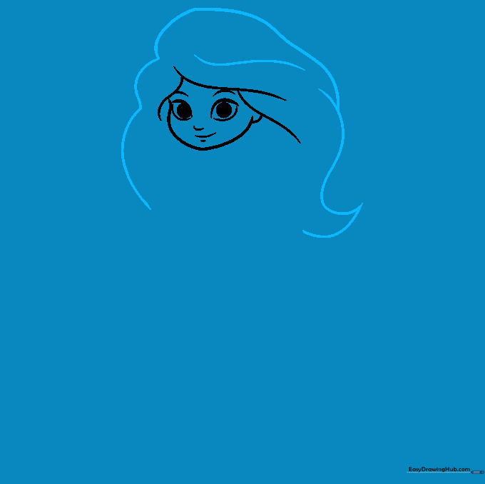 Adding long, flowing hair strands to the mermaid's head using curved lines.