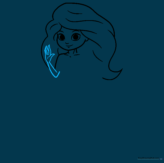 Detailed drawing of the mermaid's arm and hand position.