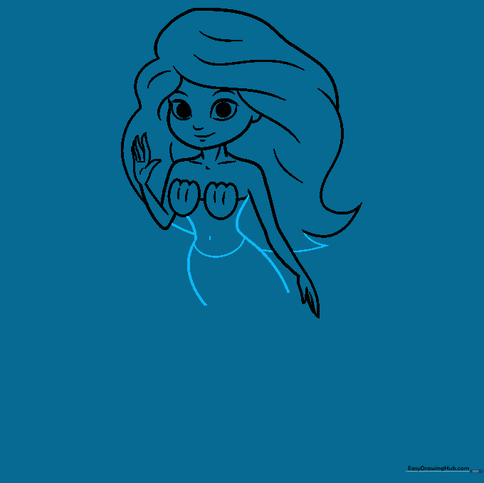 Outlining the mermaid's torso and waistline.