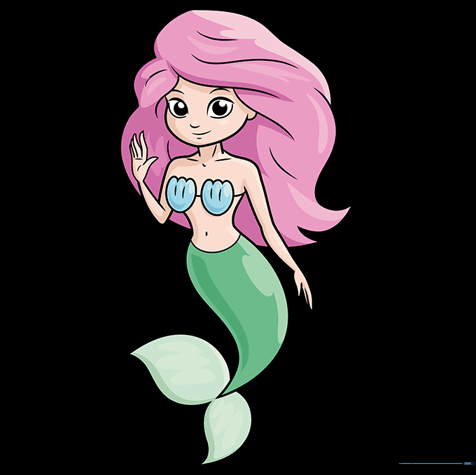 A fully colored, vibrant cartoon mermaid in an underwater setting.