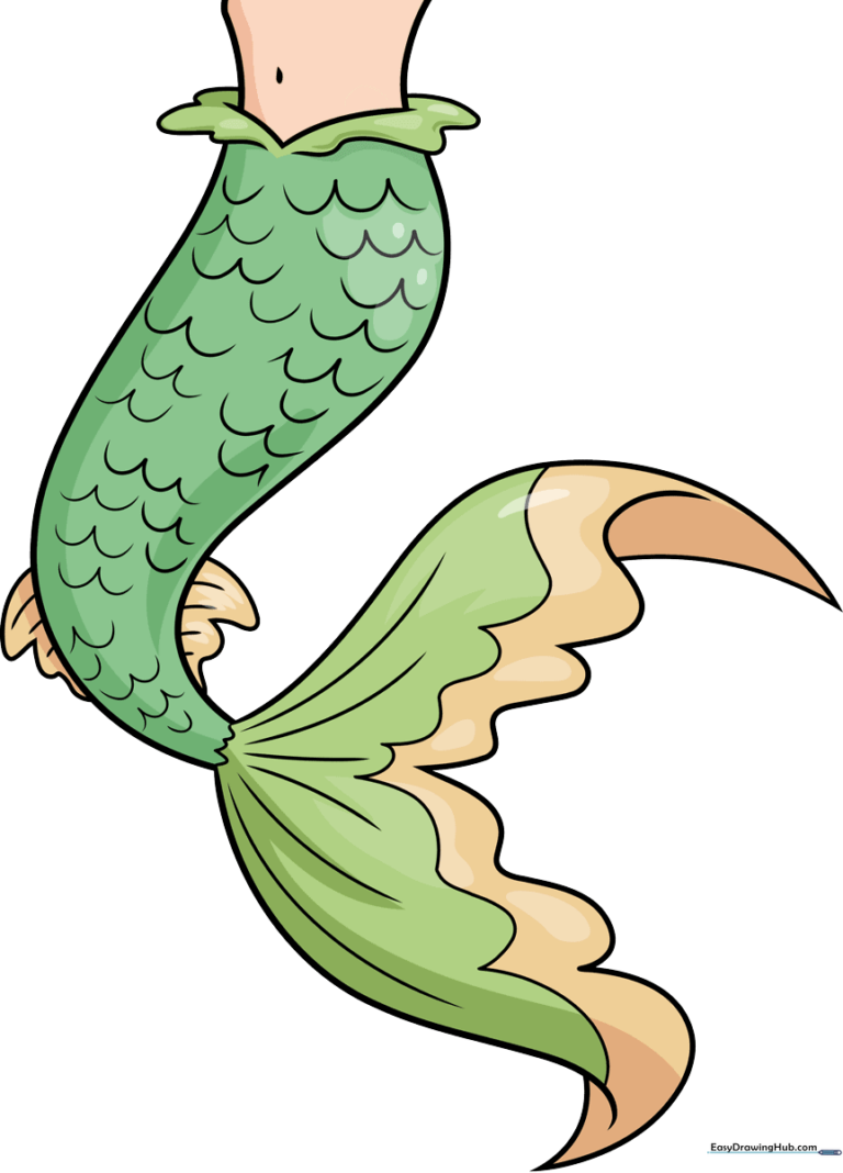 A vibrant, finished illustration of a colorful mermaid tail, showcasing the final result of the tutorial.