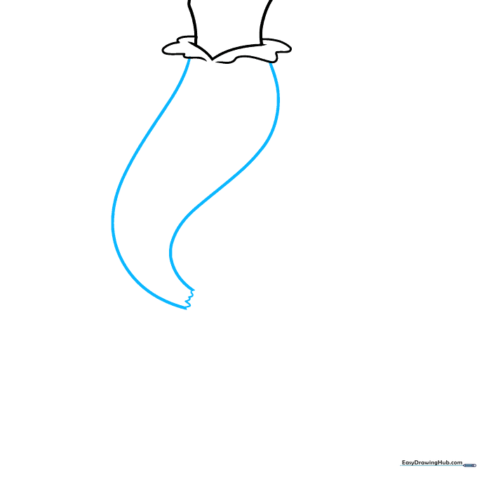 Drawing the long, tapering sides of the mermaid tail ending in a zig-zag fin base.