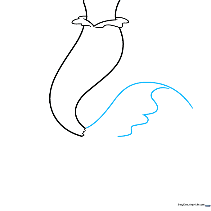 Sketching the initial fan-like shape of the mermaid tail fin using wavy lines.