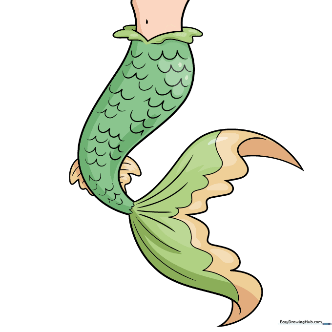 A fully colored and shaded mermaid tail drawing with vibrant scales and fin details.