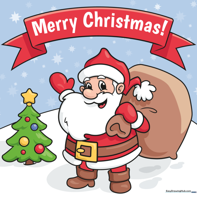 Colorful, hand-drawn style Merry Christmas card featuring a jolly Santa Claus.