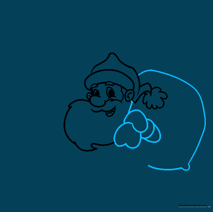 Santa's arm and mitten holding a large, rounded sack of toys.