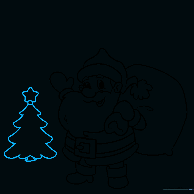 A decorated Christmas tree with a star on top placed behind Santa.